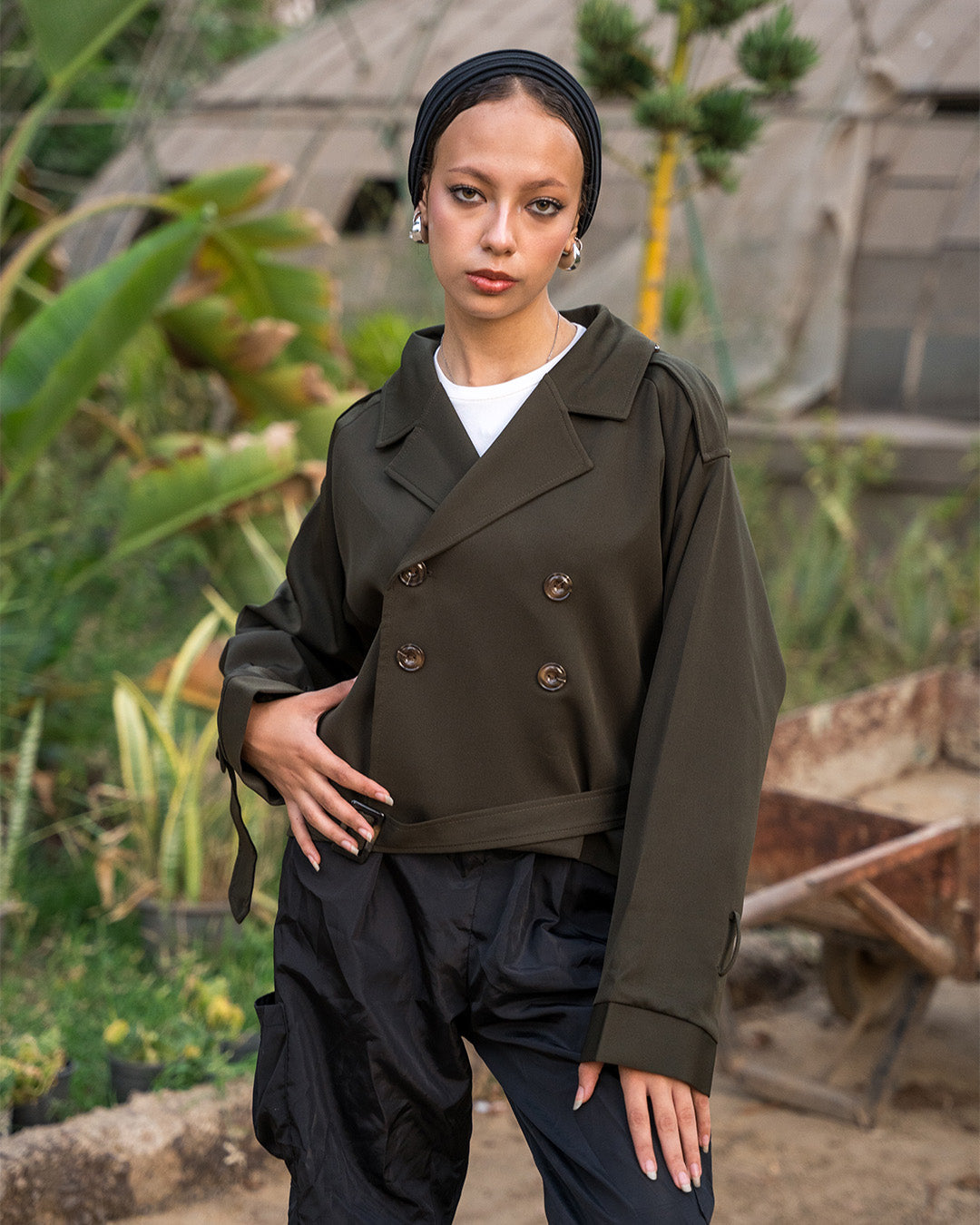 Cropped Trench Coat (Olive Green)